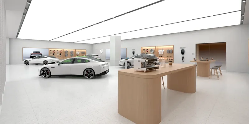 XPENG showroom design with vehicles on display and a customer lounge